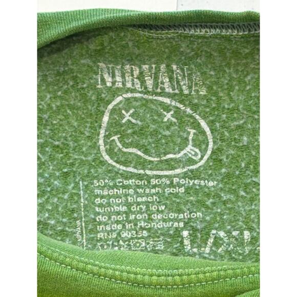 NIRVANA Sweatshirt Green L/XL LS Crew Neck Pullover Graphic Smile Logo Grunge - Picture 4 of 5